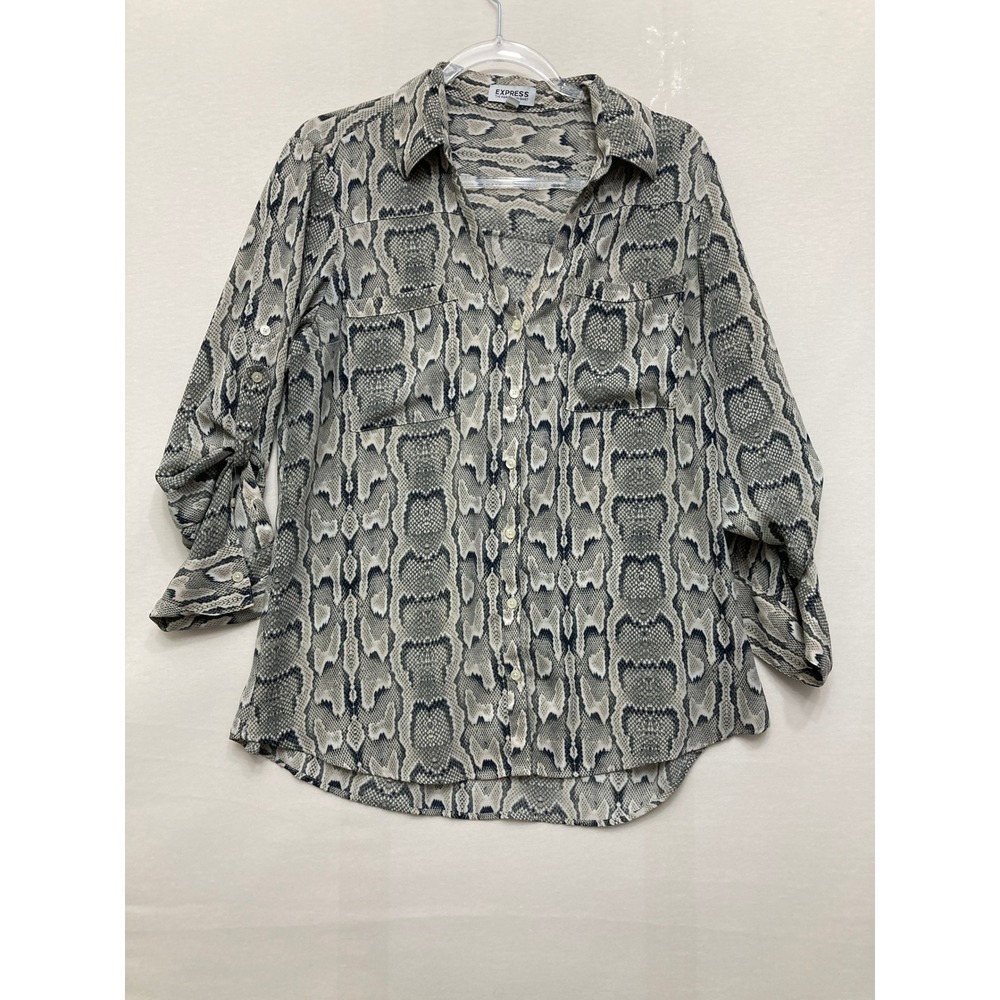 Express Portofino Shirt Large Grey Snakeskin Print Button Up Roll Tab Office